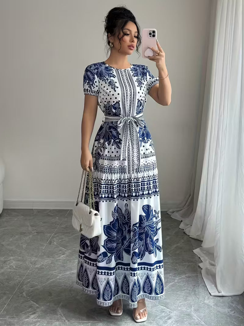 Womens Printed Elegant Simple Lace-up Round-neck Dress