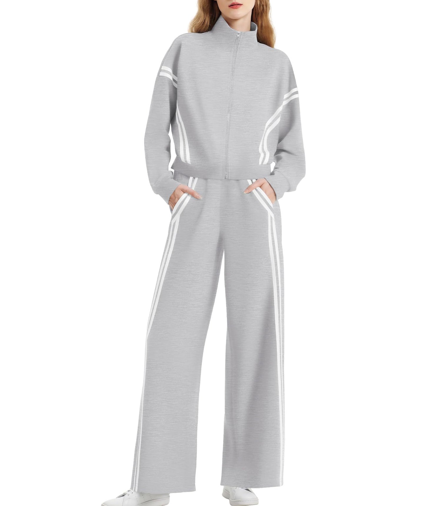 Double Striped Long-sleeve Zipper Pants Pocket Sports Suit