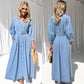 V-neck Lace-up Waist Trimming Casual Button Denim Dress