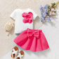 Flower Short Sleeves With Bow Puff Skirt Set