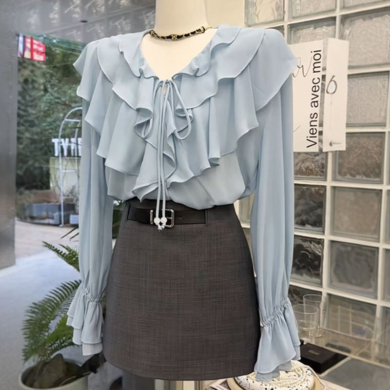 French Elegant Ruffled V-neck Long Sleeve Shirt Women