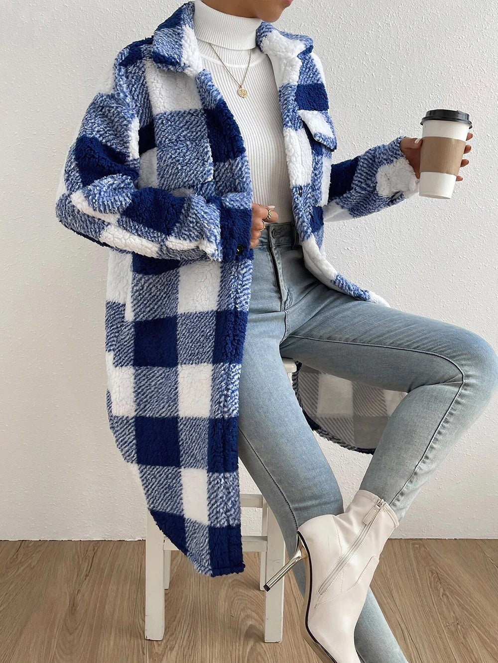 Women's Fashion Polo Collar Plush Plaid Coat