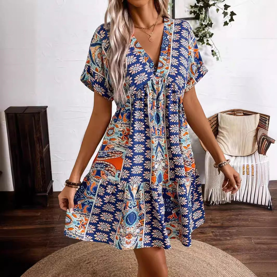V-neck High Waist Batwing Sleeve Holiday Dress