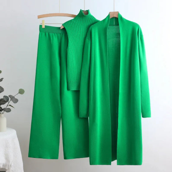 Elastic Waist Wide Leg Pants Knit Three Piece Set
