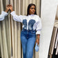 Denim Stitching Navel Flared Sleeves Personality Shirt