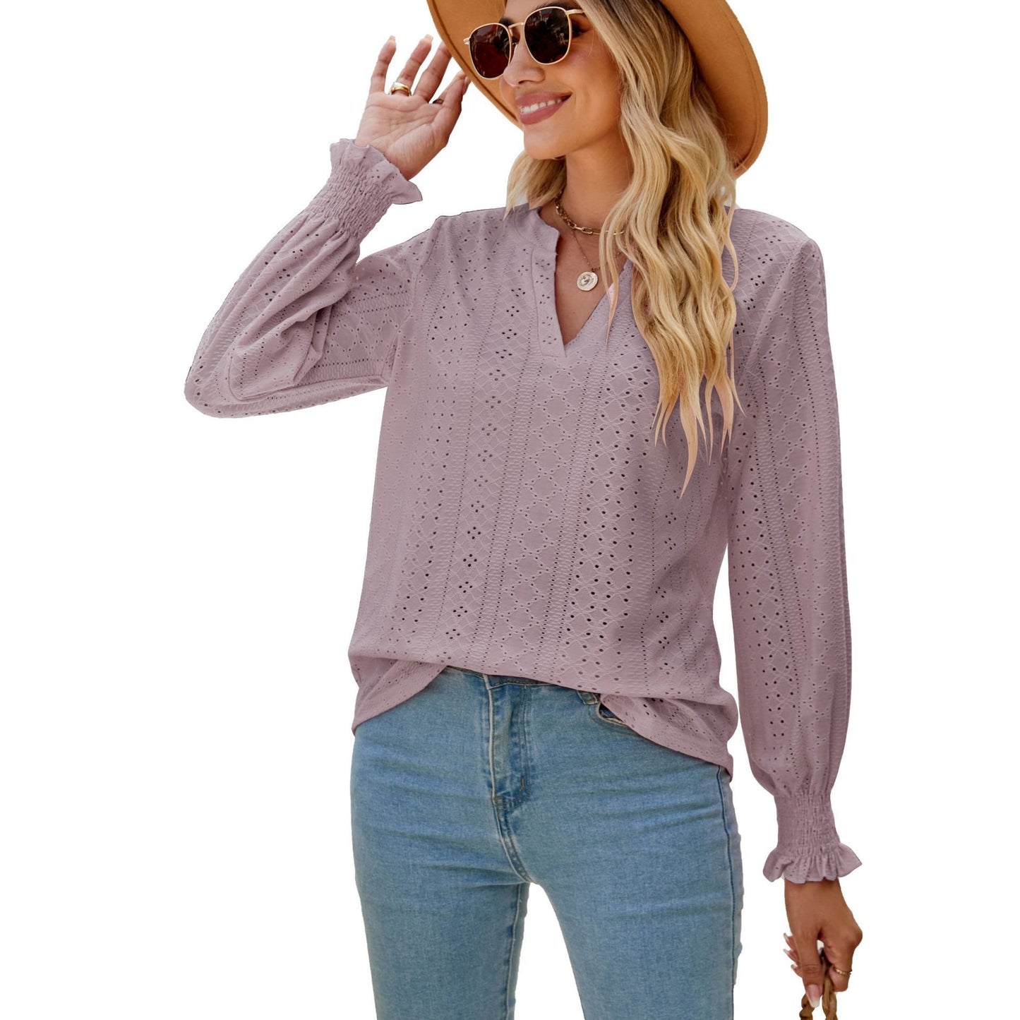 Women's Fashion V-neck Solid Color Hollow Ruffle Sleeve Loose Long Sleeve Top