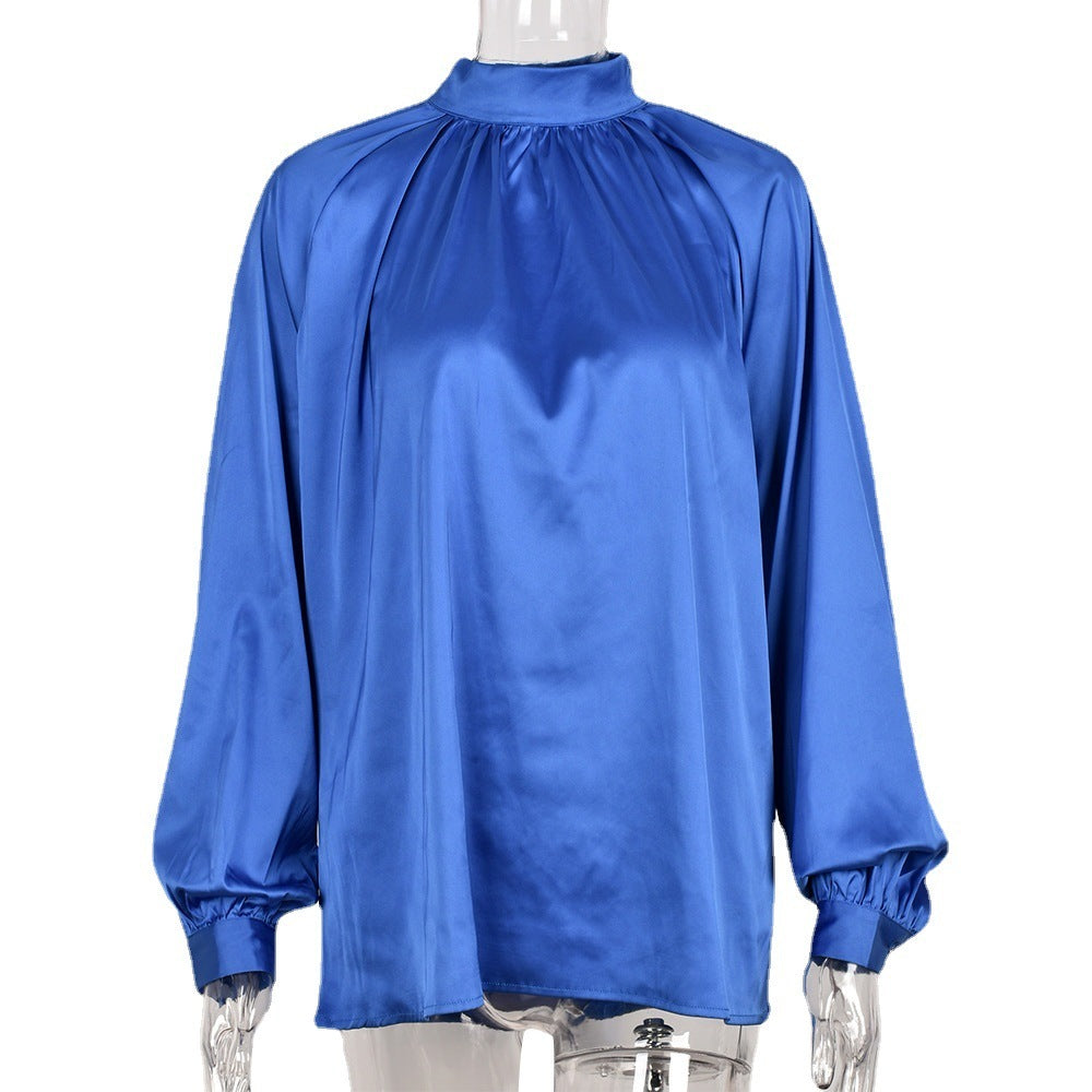 Irregular Stand Collar Stitching Lantern Sleeve Shirt Top