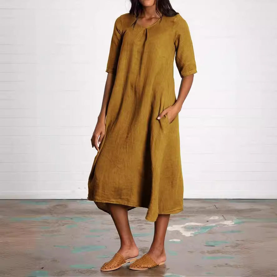 Round Neck Half Sleeve Long Solid Color Casual Cotton And Linen Dress