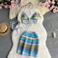 Seaside Vacation Beach Suit Hot Girl Halter Spaghetti Straps Vest Multicolor Cutout Knitted Skirt