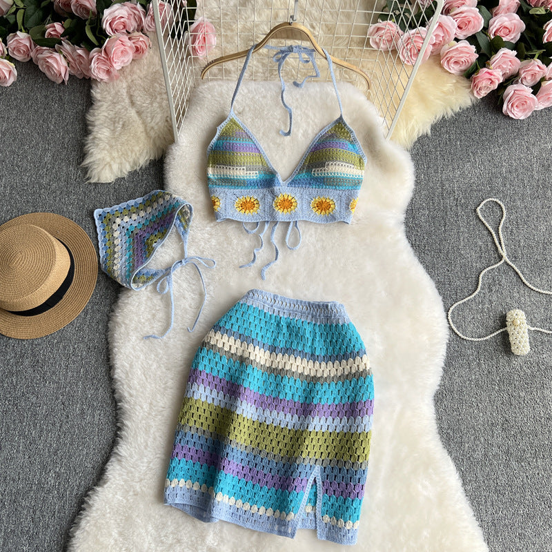 Seaside Vacation Beach Suit Hot Girl Halter Spaghetti Straps Vest Multicolor Cutout Knitted Skirt