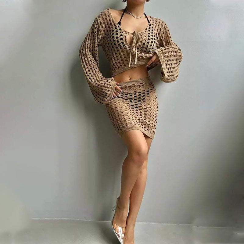 Maillot de bain bikini à col montant en tricot de couleur unie
