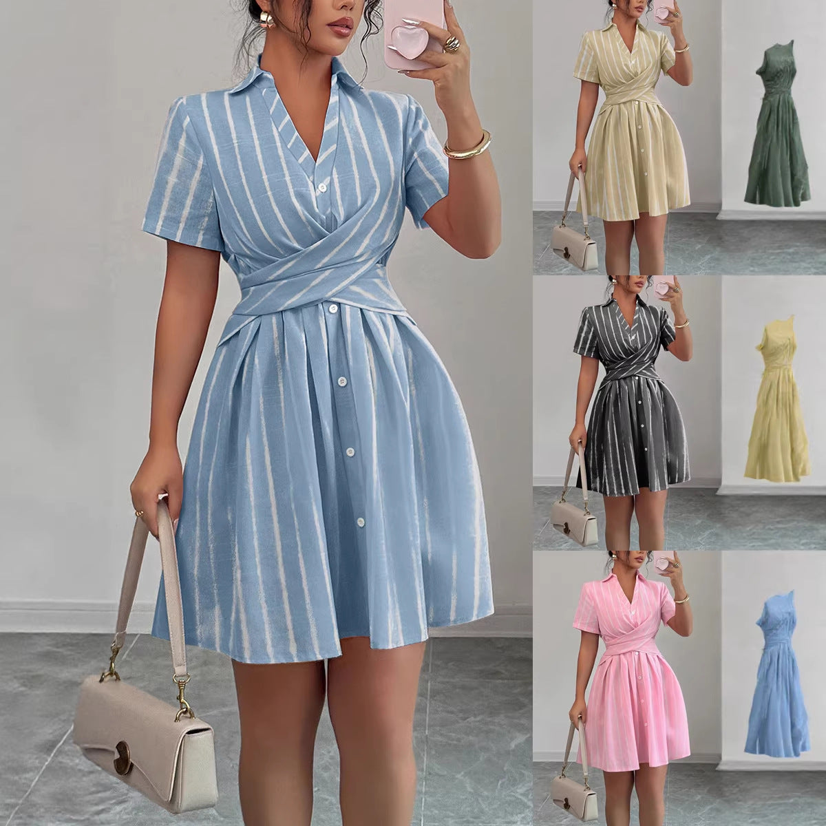 Strap-waisted Striped Shirt-style Short Dress