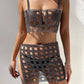 Fishnet Rhinestone Halterneck With Suspenders Hollow Vest Skirt
