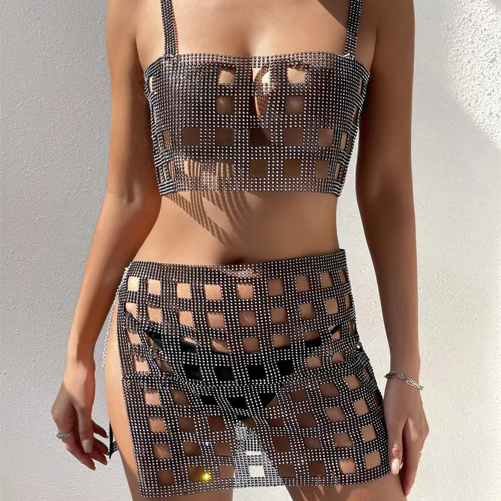 Fishnet Rhinestone Halterneck With Suspenders Hollow Vest Skirt