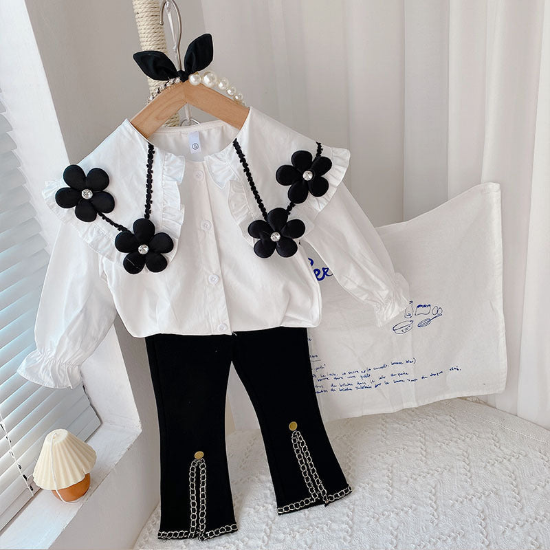 Lovely Big Flower Shirt And Bell Bottoms Two-piece Set