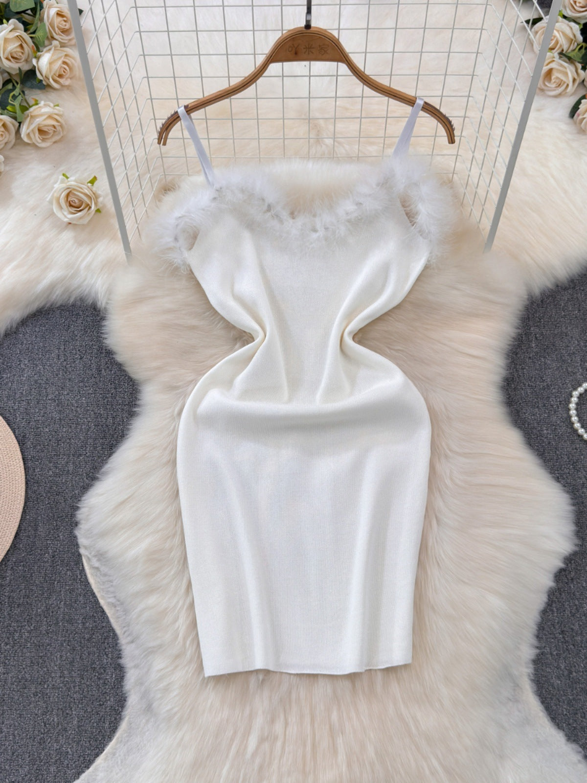 Furry Stitching Hip Base Sling Dress