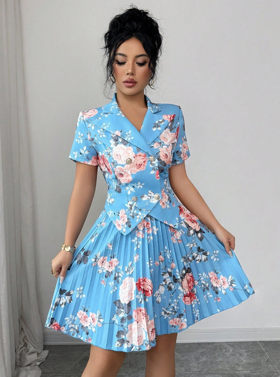New Springautumn Womens Fashion Versatile Set Elegant Floral-print Casual Two-piece Outfit