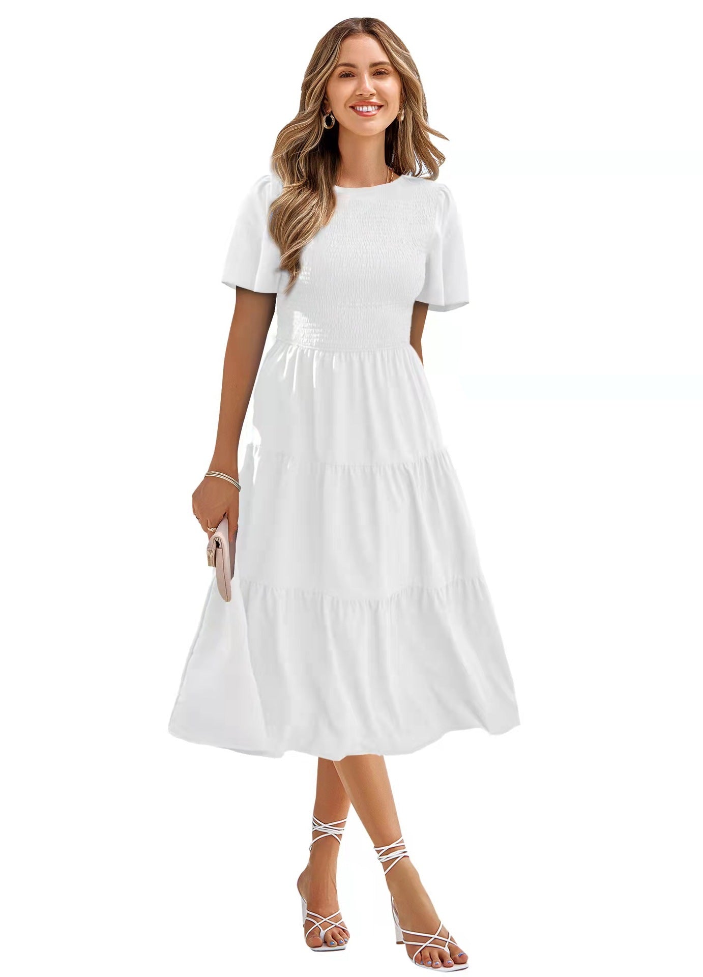Robe de vacances à smocks et col rond, printemps et été