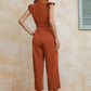 Women's Pure Black V-neck Mid-waist Lace-up Cropped Jumpsuit