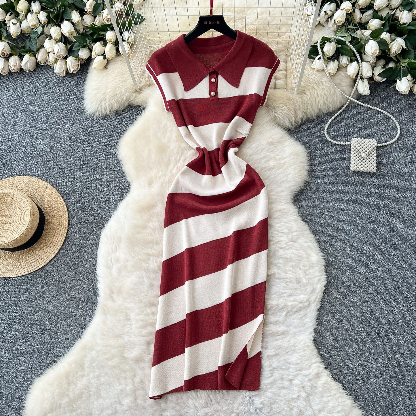Niche Vintage-style Fashion Polo-neck Short-sleeve Contrast-striped Knit Dress