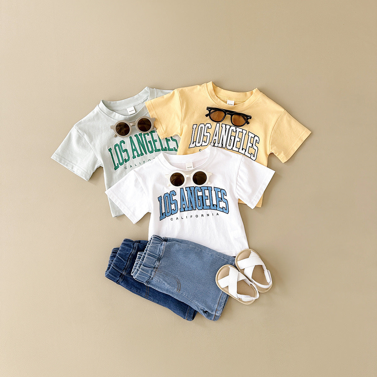 Summer Baby Letter Print Short-sleeve Top Denim Shorts Suit