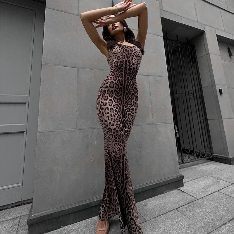 Leopard Print Backless Sling Dress Women