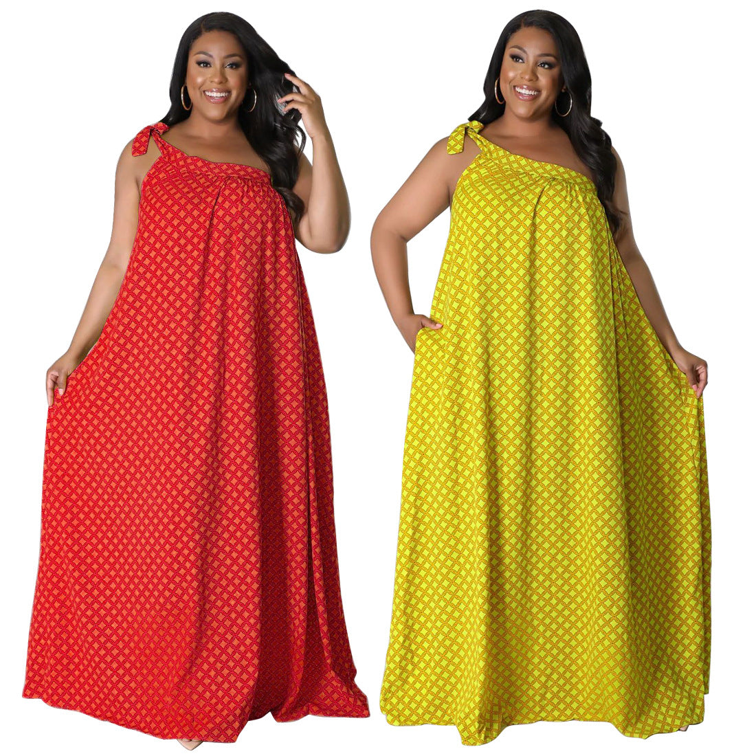 Plus-size Women's Sexy Backless Solid-color Printed One-shoulder Halter Dress