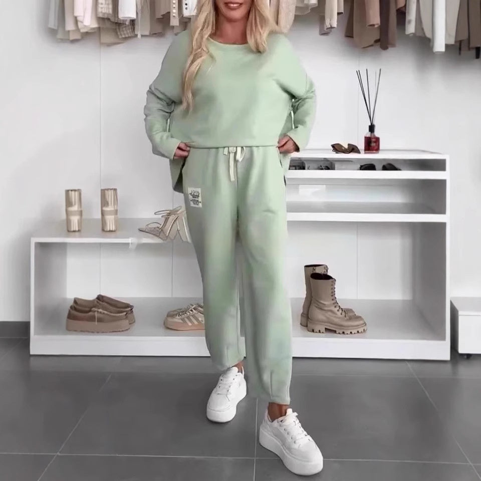 Women's Solid Color Loose-fitting Casual Pullover Trousers Two-piece Set