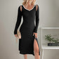 Elegant Style Detachable Long Sleeve V-neck Black Knitted Dress