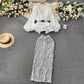 Women's Waist Trimming Ruffles Top Sequined Skirt