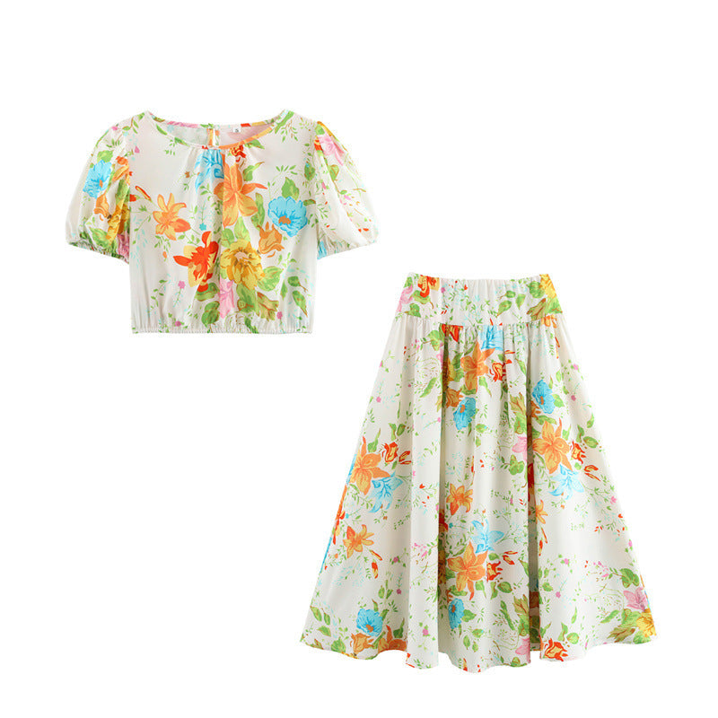 French Retro Floral Small Floral Vacation Style Printed Two-piece Suit