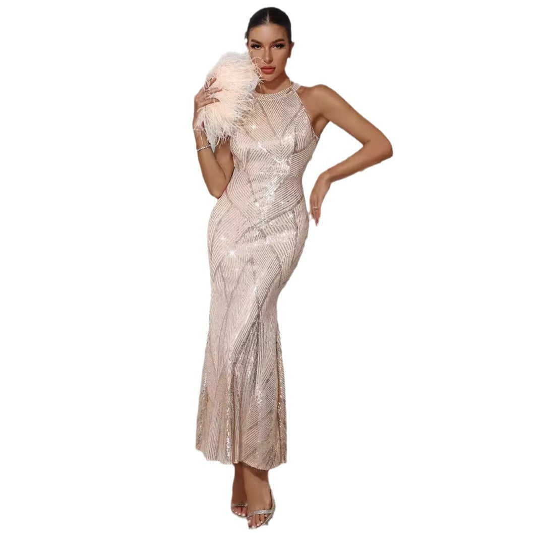 European And American Style Women's Wear Sequins Dress Round Neck Off-shoulder Backless