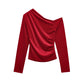 Diagonal Collar Pleated Slim-fit Asymmetric Long-sleeved Top For Women