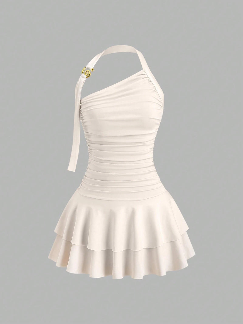 One-Shoulder Halterneck Slimming Waist-Cinching Pleated Skirt Pure And Alluring Versatile Off-Shoulder Dress