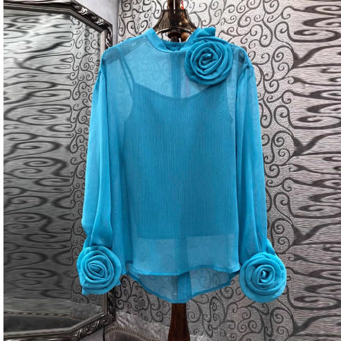 Three-dimensional Plate Flower Stand Collar Long Sleeve Slightly See-through Thin Two-piece Shirt