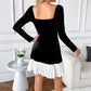 French Elegant Classic Black And White Contrast Color Peach Collar Velvet Dress