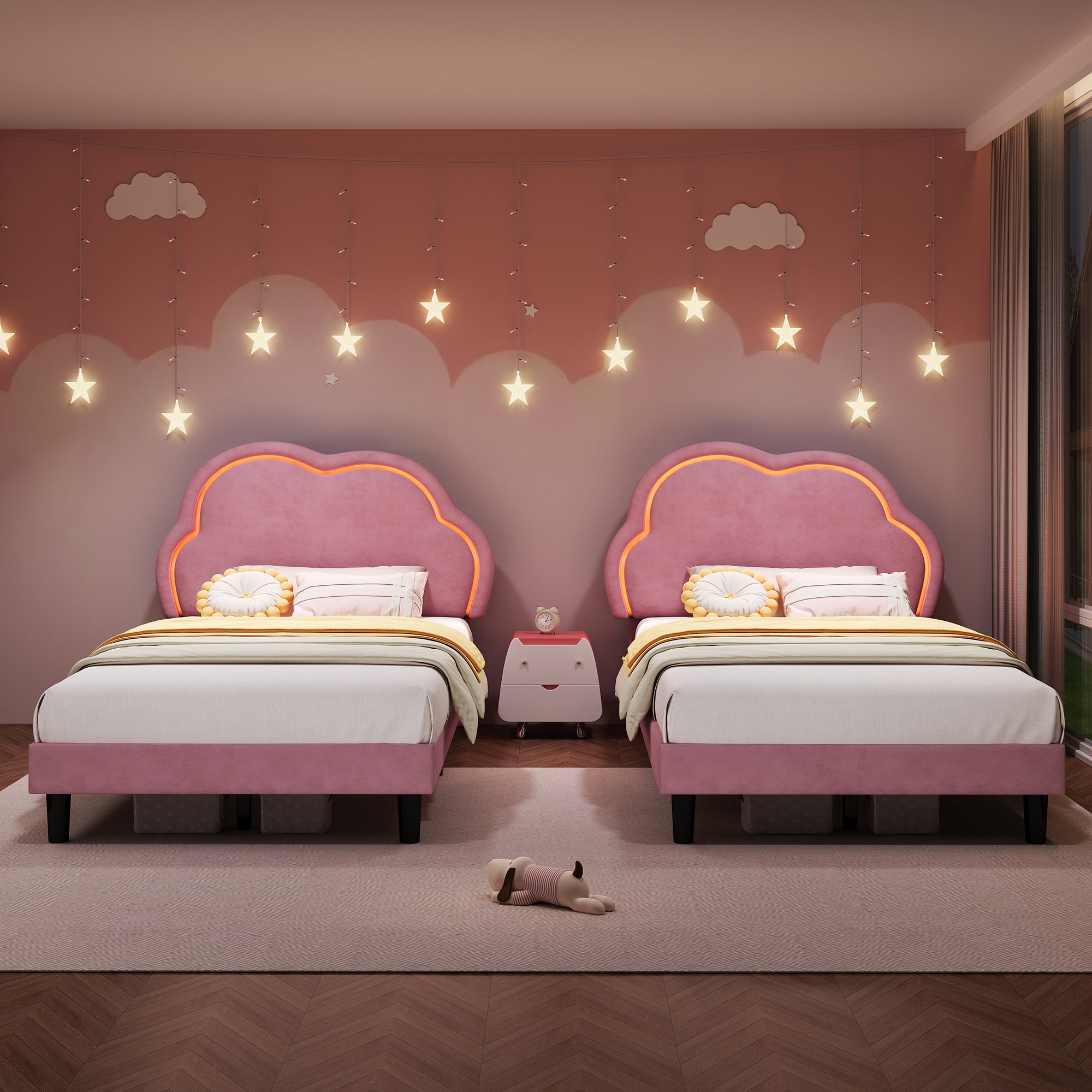 3ft Single Upholstered Bed With LED Adjustable Cute Cloud Headboard, Soft Velvet Bed Frame With Solid Wood Slat, No Box Spring Needed, Easy Assembly,