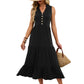 Spring Summer New Solid-Colored V-Neck Buttoned Sleeveless Long Pleated Dress