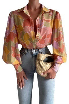 Long Sleeve Lapel Cardigan Single-breasted Solid Color Half-length Lantern Sleeve Temperament Commute Red Shirt