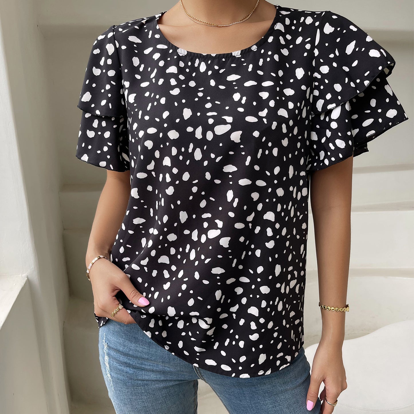 Women's Casual Loose Print Polka Dot Pullover Top