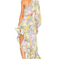 Robe à épaules inclinées et motif floral irrégulier à motif feuille de lotus pour femme