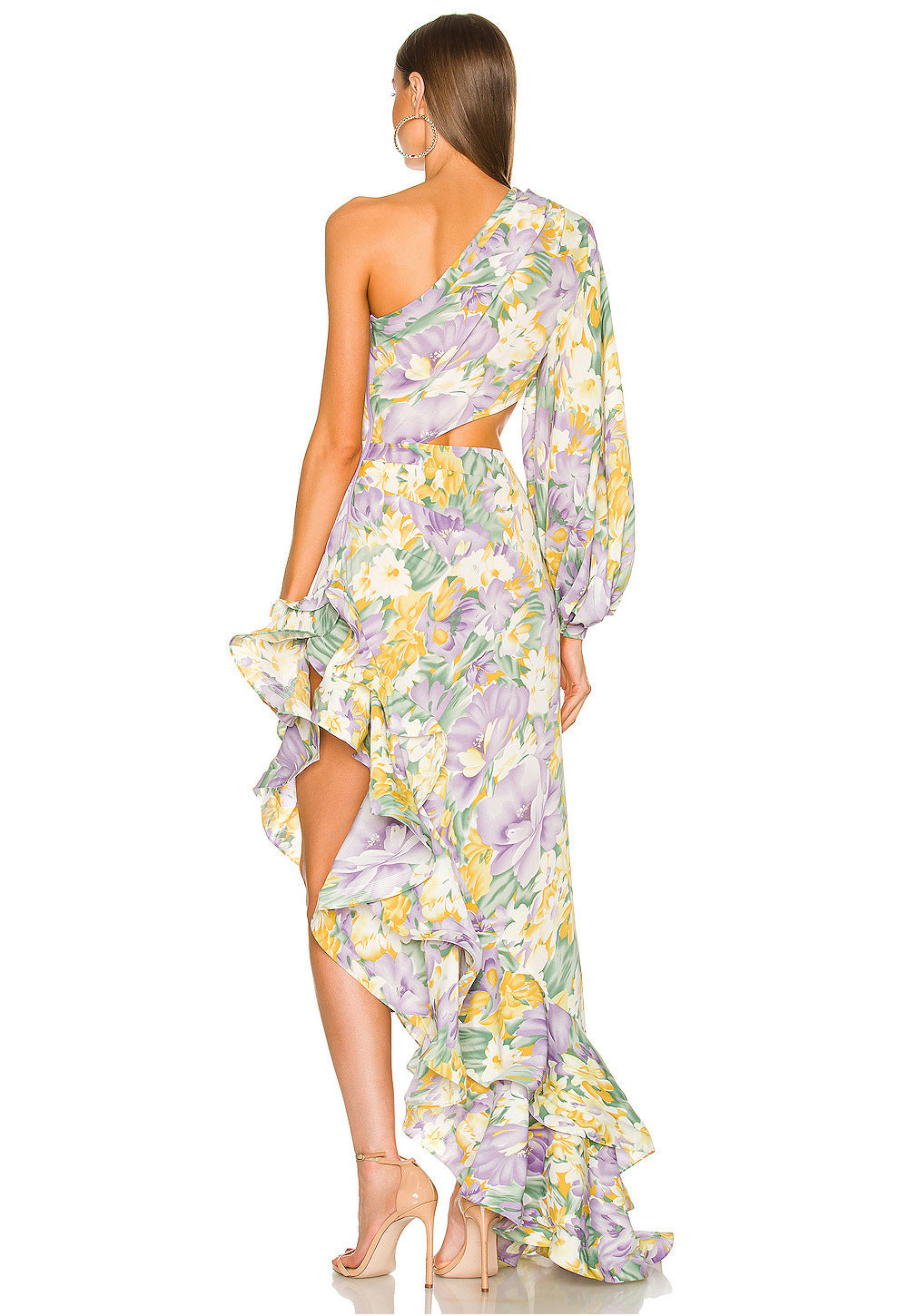 Robe à épaules inclinées et motif floral irrégulier à motif feuille de lotus pour femme