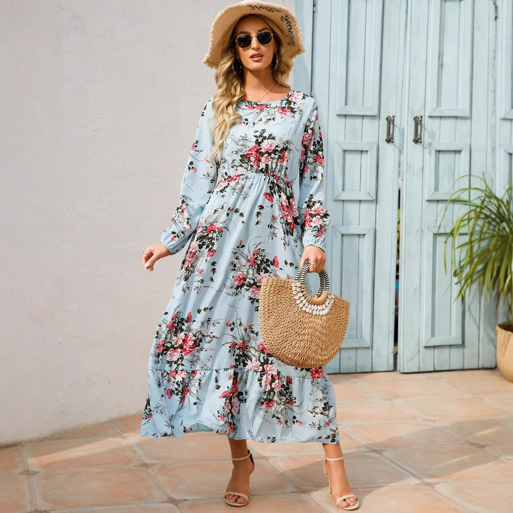 Womens Versatile Round-neck Floral Chiffon Dress