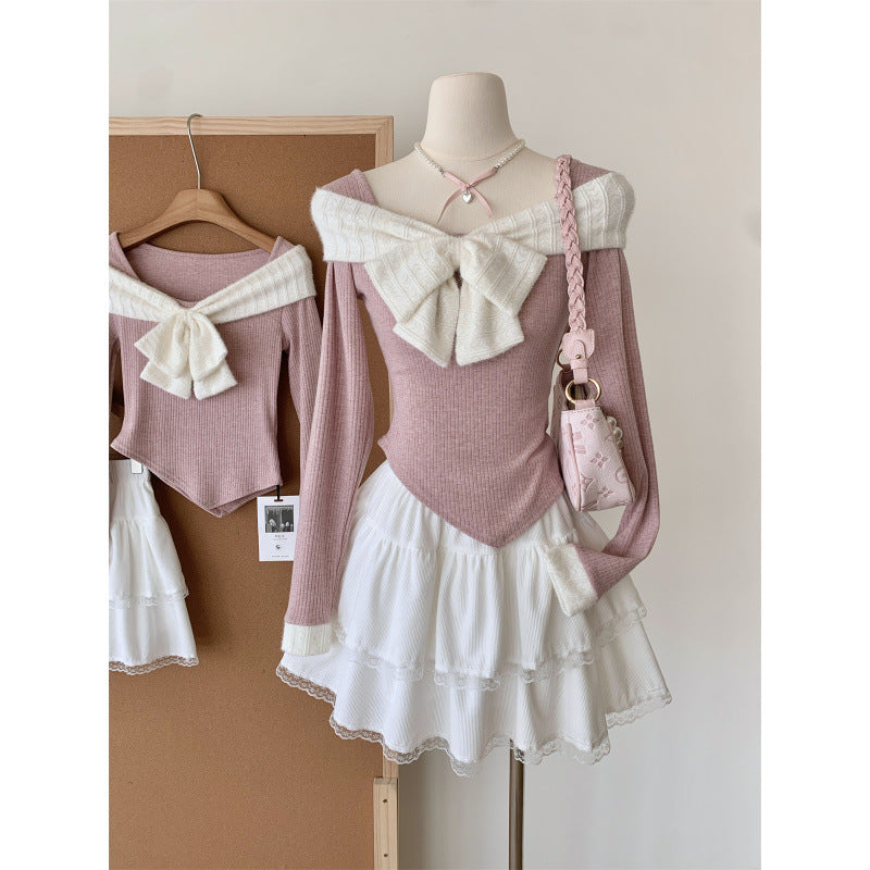 Small Sized Man's Wear A Set Of Fall Slim Fit Slimming Bow Top Female High Waist Tiered Dress