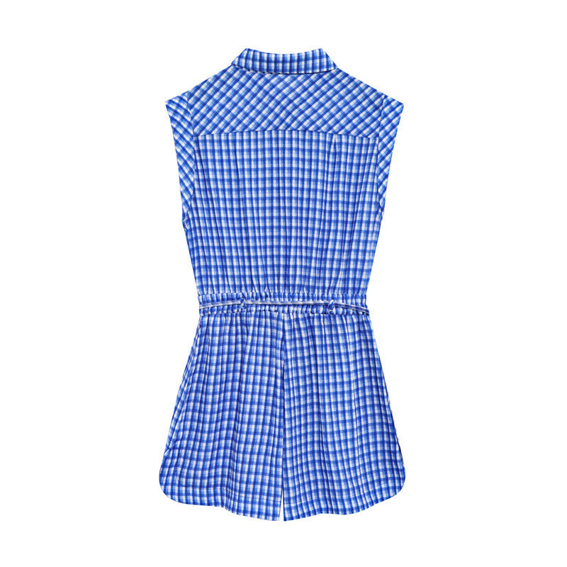 Plaid Simple Sleeveless Lapel One-piece Shorts