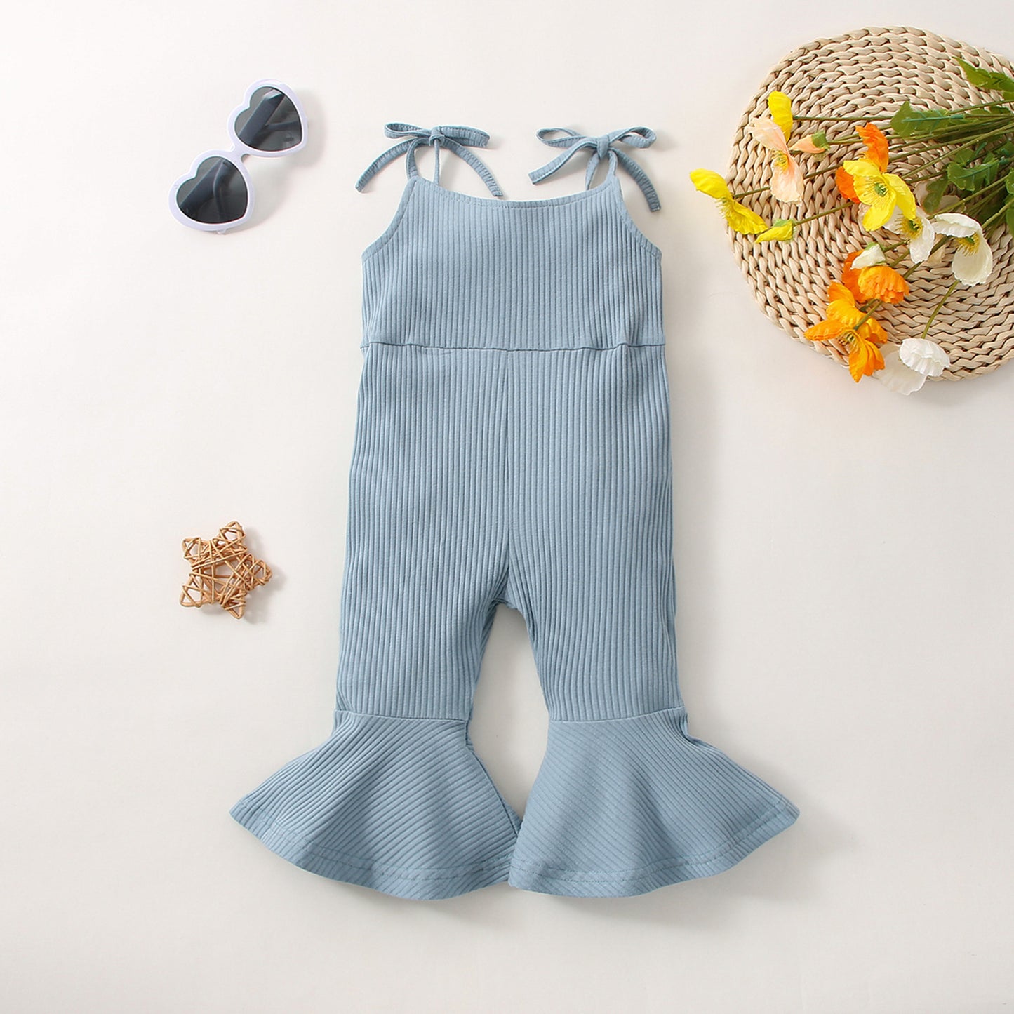 Pantalon d'été une pièce à pattes d'éléphant en coton à rayures unies pour filles