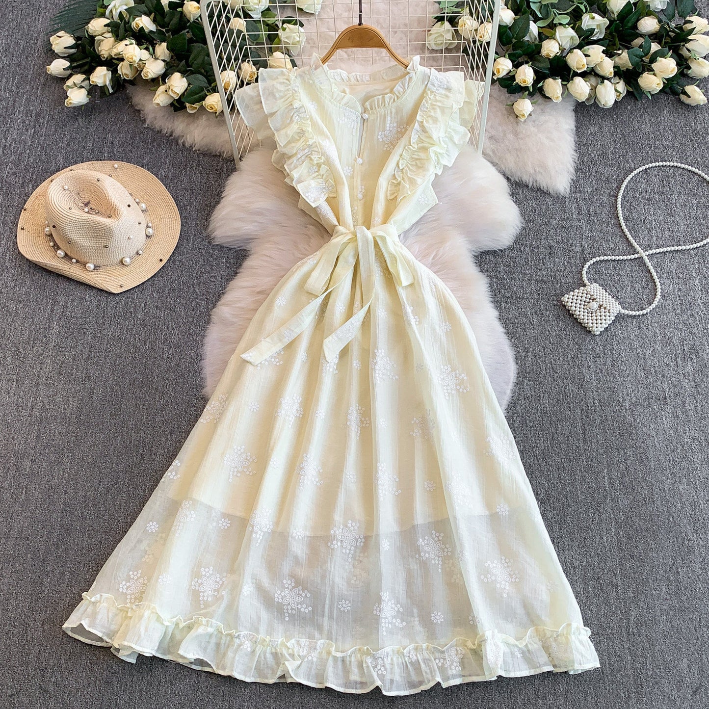 Sweet Ruffled Embroidered Round-Neck Dress Womens SpringAutumn Belted Waist Princess Long Gown