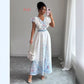 Stand-up Collar Double-breasted Front Lantern Sleeves Printed Long Dress With Lace Trim