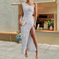 Sequined Shoulder Sleeping Beauty Split Solid Color Dress