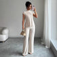 Solid-color Short-sleeve Top And Ribbed Casual Pants Set